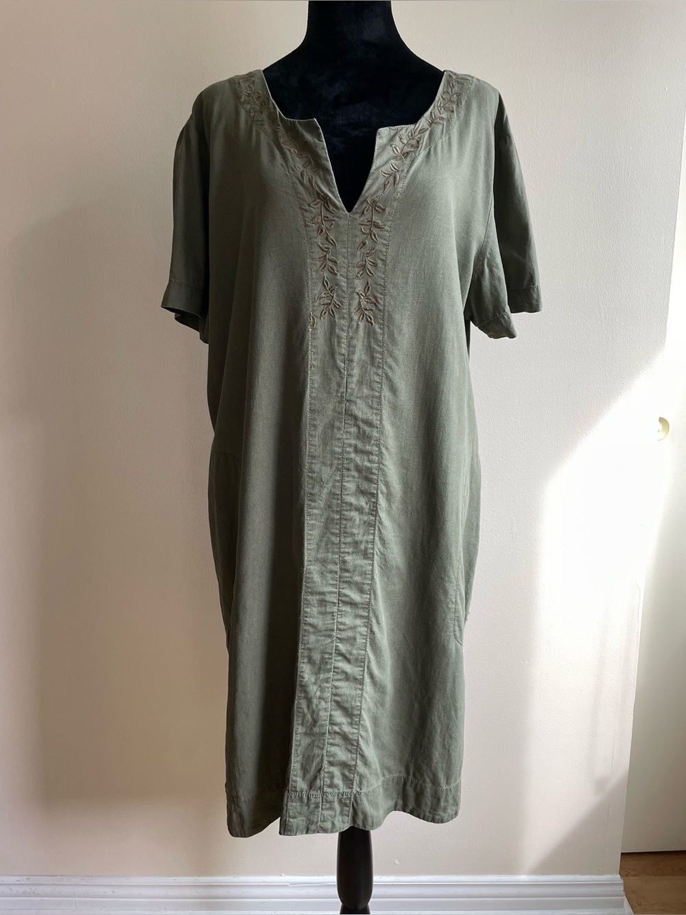 Simon Chang Linen Blend Olive Green Embroidered Shift Dress XL Pockets